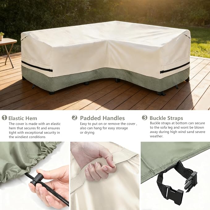 okcool Outdoor Sectional Cover,V-Shaped Patio Furniture Covers for 7-Seater Outdoor Sectional Furniture Couch（105''X105''）,White&Grayish Green