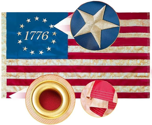 Betsy Ross 1776 Tea-Stained Vintage American Flag 3x5 Ft Deluxe Water Resistant Series Vintage Flags Heavy Duty Super Tough Spun Polyester/Embroidered Design/Sewn Stripes/Brass Grommets
