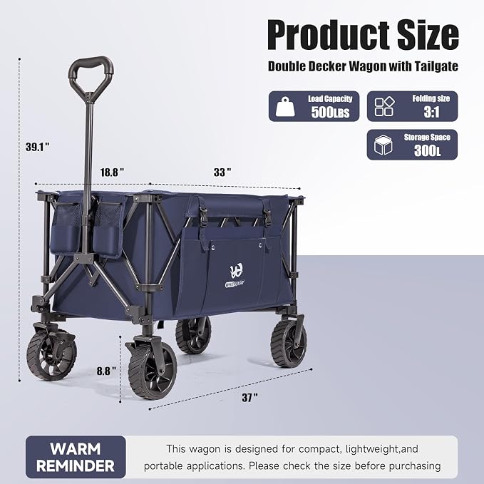 Whitsunday Folding Collapsible Utility Wagon, 400Lbs Heavy Duty Outdoor Park Beach Wagon with Table and Side Pocket for Garden Camping Sports Shopping Dark Blue