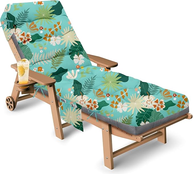 Outdoor Chaise Lounge Chair Cushion, 71 x 22 x 4.7 Inches Waterproof Chaise Lounge Cushions Replacement for Outdoor Furniture, Thickened Non-Slip Patio Lounge Chair Cushions, Cyan Floral leaf