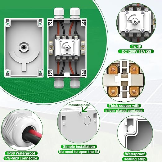 CNLONQ Solar PV Disconnect Switch 32A DC1500V Rapid Shutoff Isolator Switch 4P 1 or 2 Strings with IP66 Waterproof Enclosure for Rooftop Solar Systems, RVs and Boats