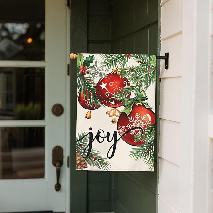 Christmas House Flag 28x40 Inch Green Leaves Red Xmas Ball Joy Holiday Winter Decorative Garden Flags for Outside Double Sided Seasonal Outdoor Home Farmhouse Decoration Porch Yard New Year Decor