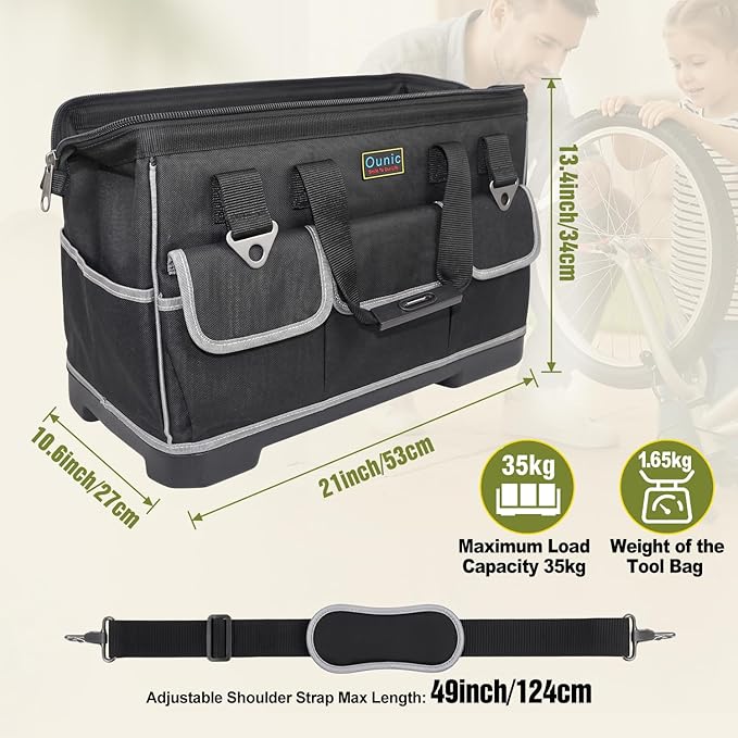 Tool Bag, Ounic 20 Inch Large Tool Tote Bag Heavy Duty With Waterproof Molded Base, Wide Mouth Tool Box Organizer with Adjustable Shoulder Strap for Electrician Mechanic Craftsman Plumbers(Black)