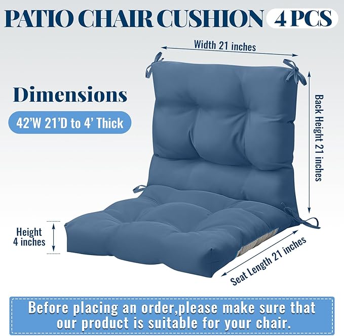 Marsui 4 Pcs Outdoor Indoor High Back Chair Cushions Patio Furniture Tufted Pillow with Ties Water-Resistant Replacement Outdoor Rocking Chair Cushions, 42 x 21 Inches (Blue Gray,Solid Color)
