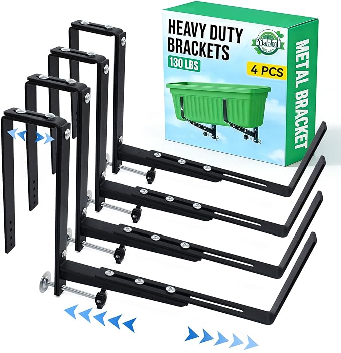 Halatool 4-Pack Window Box Brackets Outdoor - Heavy Duty Adjustable Planter Box Brackets, No-Drill Planter Holder with Enhanced Bottom Support for Railings, Balcony, Porch, Fence and Patio (Black)