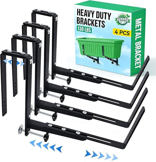 Halatool 4-Pack Window Box Brackets Outdoor - Heavy Duty Adjustable Planter Box Brackets, No-Drill Planter Holder with Enhanced Bottom Support for Railings, Balcony, Porch, Fence and Patio (Black)