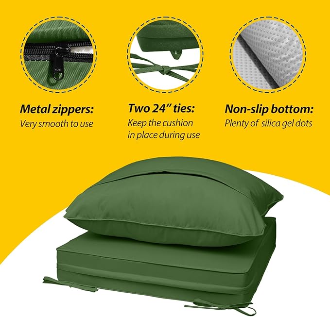 AAAAAcessories Outdoor Seat Cushions for Chairs, Fade-Resistant, Waterproof Patio Furniture Replacement Cushions, 22" x 22" x 3" + 22" x 17", Dark Moss Green