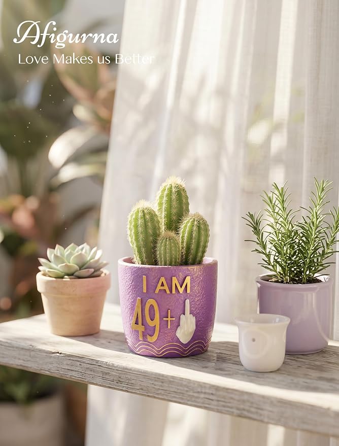 50th Birthday Gifts for Women: Funny 49 + Middle Finger Hand-Painted Planter Present for Turning Fifty - Hilarious 50th Birthday Gifts for Friend Mom - Happy 50th Birthday Decorations