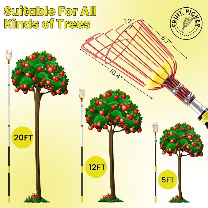 26FT Reach Fruit Picker with Basket, Apple Picking Tool Telescoping Pole, Long-Handle Mango Grabber, Tree Fruit Catcher for Harvesting Lemon Pear Orange Avocado Peach Citrus Grapefruit