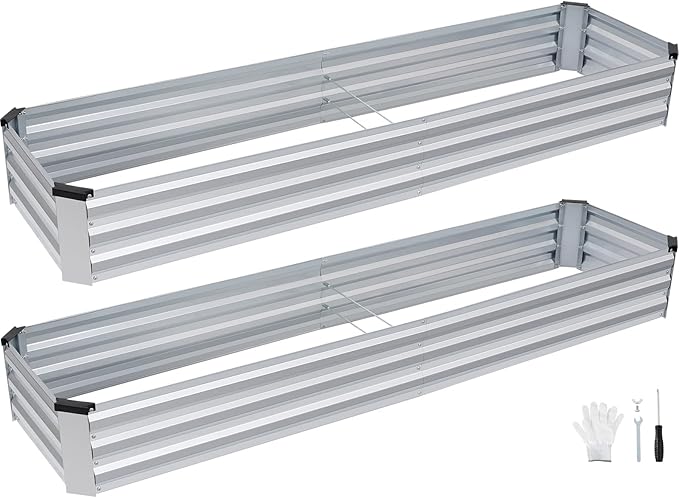 INNO STAGE Galvanized Raised Garden Bed Kits, 8x2x1ft Metal Raised Garden Beds Outdoor, Large Steel Raised Planter Bed with Gloves for Vegetables & Flowers Patio Ground Planter Box(Silver, 2PCS)