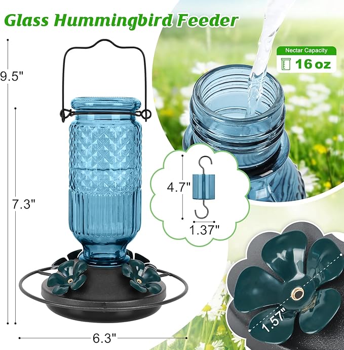 FEED GARDEN Glass Hummingbird Feeder for Outdoors, 16oz with Bee Guards & Ant Moat, Leak-Proof, Blue