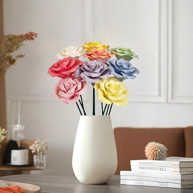 Handmade Porcelain 3D Ceramic Rose Flower, Eternal Flower Decoration for Home Office Decor, Creative Desktop vases, Porcelain Decorations, Exquisite, Set of 9(Colour)