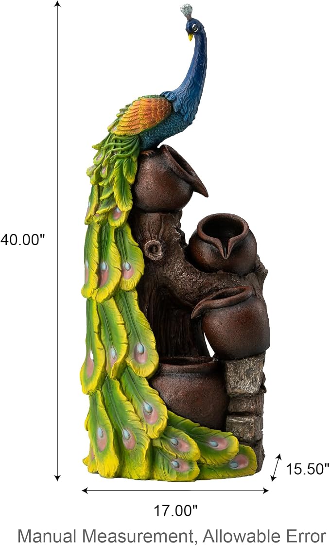 Glitzhome 4-Tier Peacock and Jars Outdoor Water Fountain with LED Light, 40”H Oversized Resin Peacock Sculpture Waterfall Fountain with Submersible Pump for Garden Patio Porch