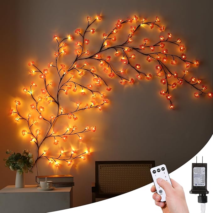 NIDISETPJAS Cherry Blossom Lights with Remote, 7.5 Ft 144 Flowers Enchanted Willow Vine Lights, 18 Branches 144 LEDs Lighted Willow Vine Tree Lights for Walls Bedroom Home Room Decor, Brown Branch