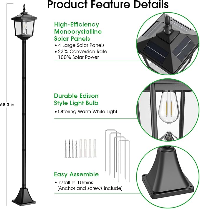 68" Solar Lamp Post Lights Outdoor,2-Pack 2700K Dusk to Dawn Solar Light Posts,Waterproof Outdoor Lights for Garden, Patio, Lawn, Pathway, Driveway, Front Porch Decor(Warm White)