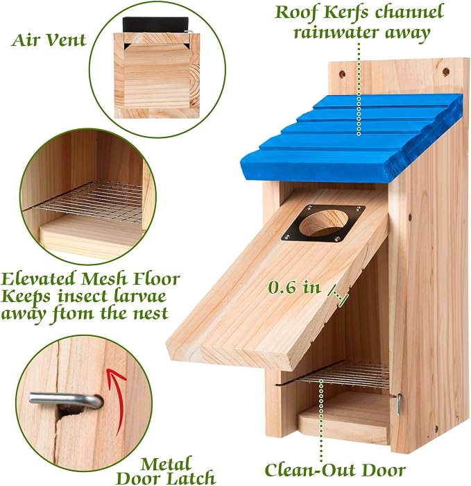 Dreyoo 3 Pack Bluebird Box Houses for Outside,1-1/2'' Entrance Hole Wooden Bird Houses with Metal Guard, Secure Latch,Fledgling Grooves,Air Vents for Bluebird Wren Swallow (Blue Roof,Wood Body)
