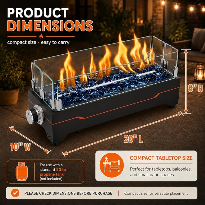 GRISUN Tabletop Fire Pit,20 Inch Propane Fire Pit Table,40000 BTU Table Top Firepit with Glass Wind Guard,Stainless Steel Burner,Fire Glass,Portable Propane fire Pit for Patio, Camping, Backyard & RV