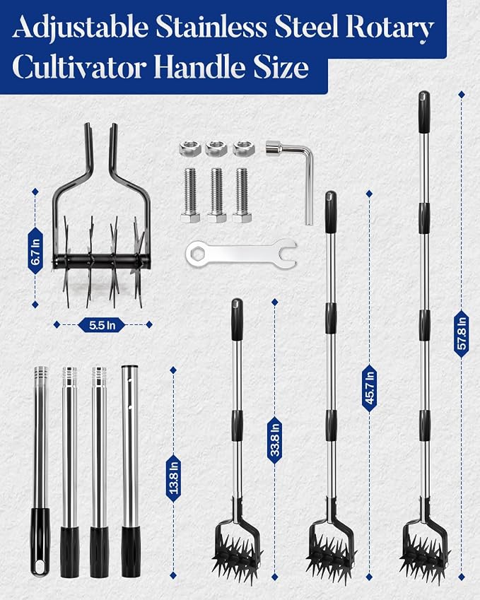 Joyhalo Rotary Cultivator Garden Tool, Manual Hand Tiller with 57in Adjustable Stainless Steel Pole and Parallel-Blades Tines for Reseeding Grass, Soil Aeration, and Small Garden Beds