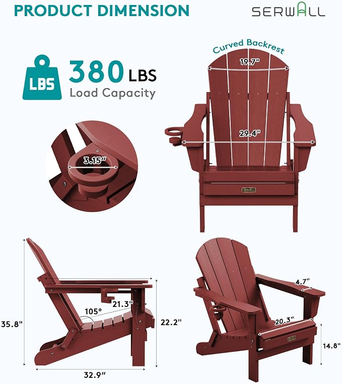 SERWALL Foldable Adirondack Chair Set of 2, Weather Resistant HIPS Patio Chairs with Cup Holder for Garden Outdoors Fire Pit Chairs- Red