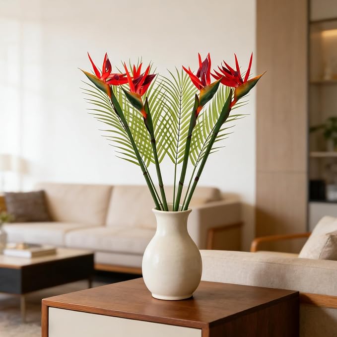 8 PCS Bird of Paradise Artificial Plant Combo Palm Leaves,4 Faux Bird of Paradise Plant with 4 Artificial Palm Leaves for Wedding Garden Office Home Indoor and Outdoor Decor(Red)