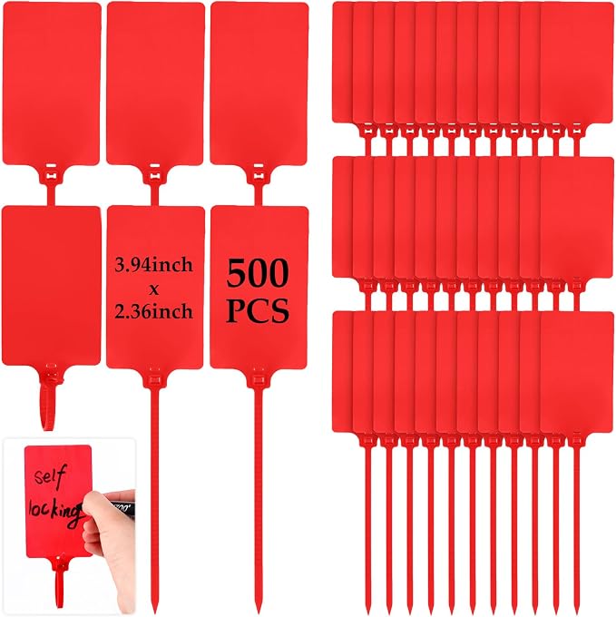 Chunful 500 Pcs Blank Plastic Tags Shipping Tags 3.94"x 2.36" Waterproof Sealing Shipping Labels Bulk Writable Hanging Tag Ties Sealing Strap Reusable Mark Labels for Keys Luggage Logistic(Red)