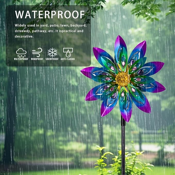 360° Metal Wind Spinner Outdoor,13" Kinetic Wind Sculptures for Yard and Garden with Metal Stak,Large Waterproof Pinwheels Gift for Women, Mom, Grandama