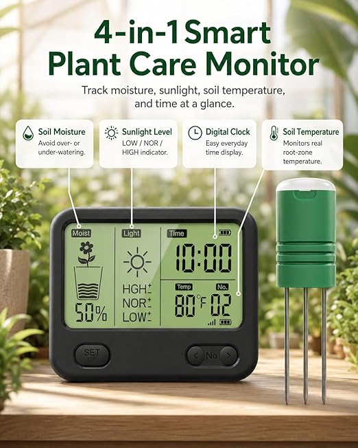 Soil Moisture Meter for Plants, Multi-Zone Wireless Soil Test Kit & Soil Thermometer, TDR 4-in-1 Plant Water Meter, 230ft RF, IPX5 Waterproof, Indoor Outdoor Garden Lawn Farm(Display+2Sensor)