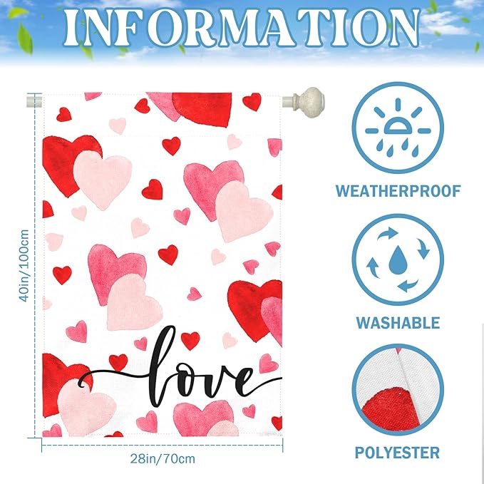 Love Heart Garden Flag Valentine House Banner Red And Pink Hearts Large Garden Flags Polyester Double Sided Anniversary Wedding Sweety Yard Sign for Spring Home Outdoor Decor 28 x 40 Inch