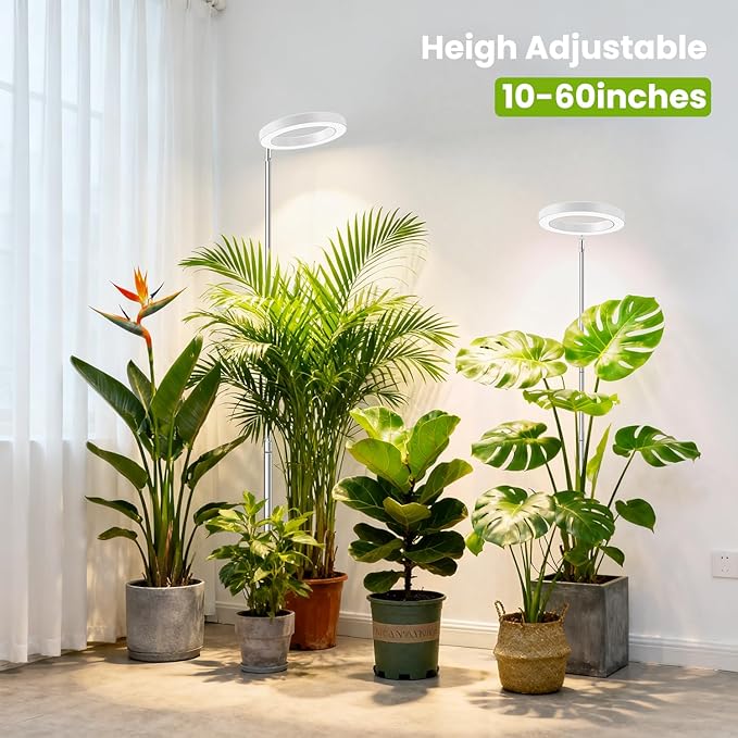 Kullsinss White Grow Light, Full Spectrum LED Plant Lighs for Indoor Growing with 6/12/16H Timer, 3 Color Modes, 5 Brightness, 10"-60" Height Adjustable Plant Lamp for Tall Indoor Plants (3 Pack)