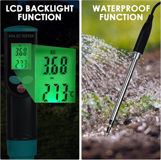 Soil EC & Temperature Meter, 2 in 1 Digital EC Meter with Automatic Temperature Compensation 0~50℃ Portable Soil EC Meter with Corded EC Sensor Electrode for Agricultural, Gardening, Plants