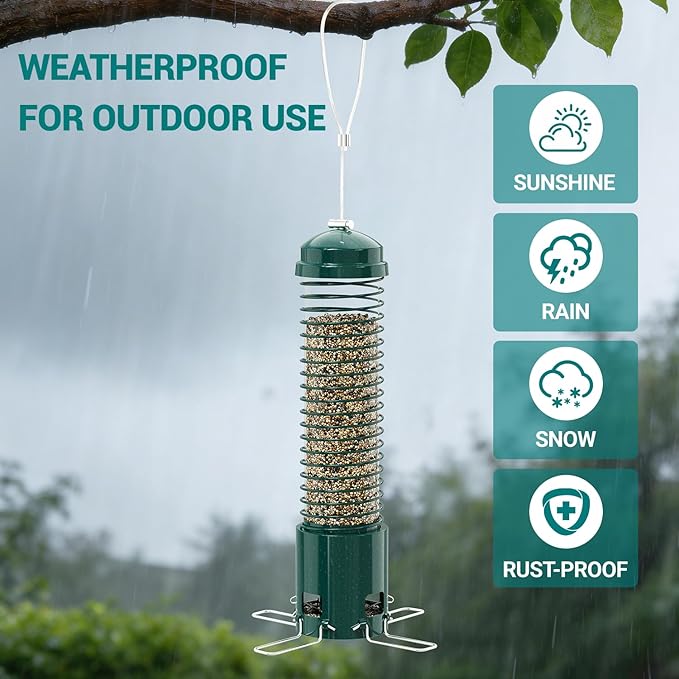 Squirrel Proof Bird Feeder, Metal Bird Feeders for Outdoors Hanging, 3.6LB Large Seeds Capacity for Wild Birds, Finch, Cardinal, Blue Jay, Chickadee, Green