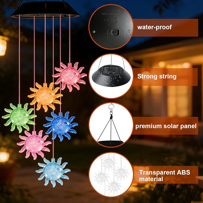 7-Color Light Changing Sun Solar Lights for Outside, Solar Lights Gifts for Father's Day, Solar Sun Wind Chimes Gifts for Women, Mom, Grandma, Garden Yard Lawn Outdoor Decor Mobiles