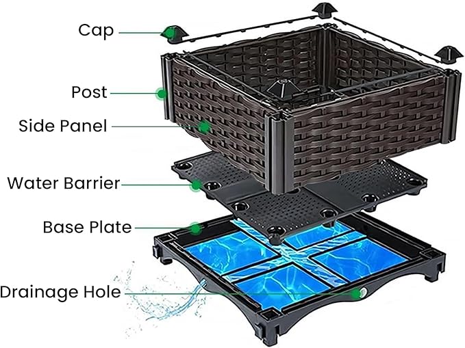 Raised Garden Bed with Legs & Drain Outlet, Self-Watering System Outdoor Elevated Wicker Planter Box Rectangular Patio Plant Containers for Vegetables, Flowers (4-Box)