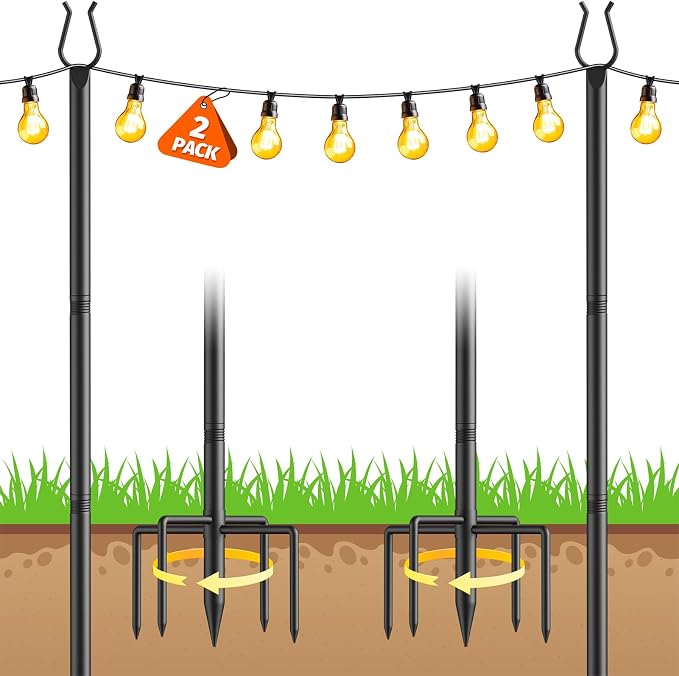 Aredy 2 Pack String Light Poles - 10FT Light Poles for Outside with Fork Base, Outdoor String Light Poles, Durable Poles for String Lights in Backyard, Deck, Garden, Wedding Events