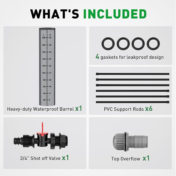 Yesker Collapsible Rain Barrel, 53 Gallon Portable Rainwater Collection System, 550D PVC Water Storage Tank, Rain Catcher with Spigots Filter Overflow Kit, Grey