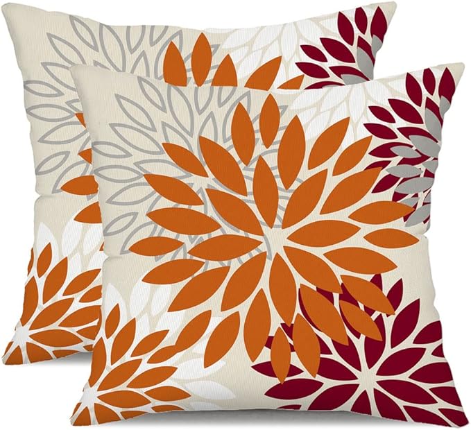 DFXSZ Orange Wine Red Flower Pillow Covers 20x20 Inch Set of 2 Outdoor Throw Pillows Outdoor Waterproof Decor for Living Room Sofa Patio Funiture Garden Floral Polyester Pillow Covers 002S20