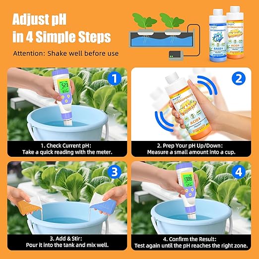 pH UP and Down for Hydroponic, Adjust The pH Balance of Reservoir Water and Nutrient Solutions in Hydroponics Growing System, pH Adjuster, pH Down Acid and pH UP Base 8.4oz