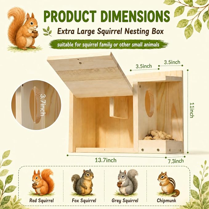 Large Squirrel House for Outside, Squirrel Nesting Box with Squirrel Feeder | Anti-Predator Solid Wood Squirrel Box for Backyard, Waterproof Squirrel feeders for outside, Easy to Assemble,14×11×7.5 Inch