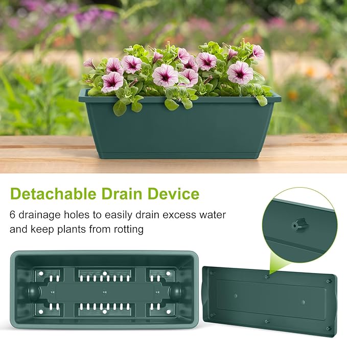 ETELI 6 Pack Deck Railing Planter Boxes with Adjustable Metal Hanging Brackets, Indoor Outdoor Hanging Window Boxes Planters with Drainage Tray for Patio, Lawn, Green & Black