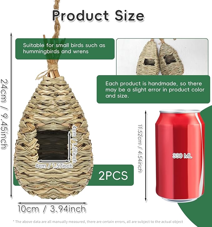 Gute Hummingbird Houses for Outside Hanging, Natural Grass Hanging Bird Hut, Hand Woven Hummingbird Nest, Large Wren Finch Bird House for Garden Window Outdoor Home Decoration, Set of 2