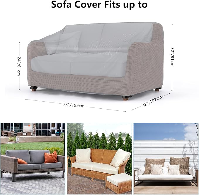 Heavy Duty Patio Sofa Cover, Mrrihand 3-Seater Outdoor Sofa Loveseat Cover, Outdoor Patio Furniture Cover with Air Vent and Handles, 78" W×42" D×32" H, Grey