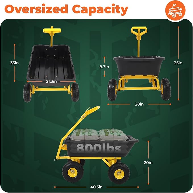 Sekey 1000lbs Garden Dump Cart for Seniors, Capacity Yard Wagon with Rubber Tires, Quick-Release Dumping & Easy-Maneuver Handle for Soil, Rocks, and Firewood, Black