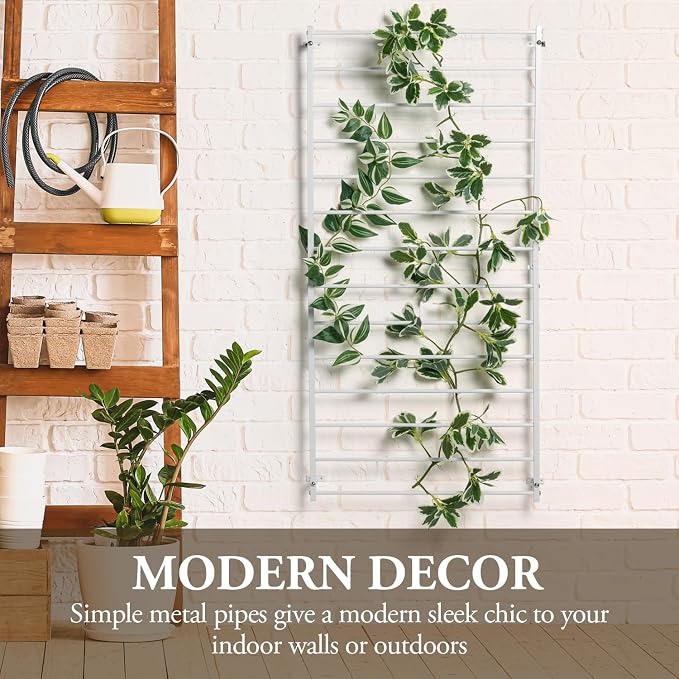 MyGift 4 Foot Tall Modern White Metal Wall Mounted Horizontal Bars Trellis, Outdoor Hanging Support Frame for Climbing Garden Plants and Crawling Vines