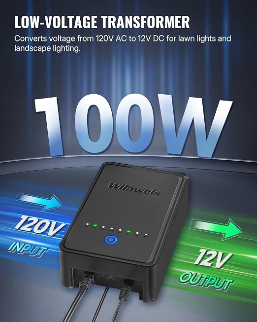 100W Low Voltage Landscape Transformer, Weatherproof Outdoor Low Voltage Transformer, 120V AC to 12V DC, Landscape Lighting Transformer with Timer and Photocell Sensor, ETL Listed A02LT06