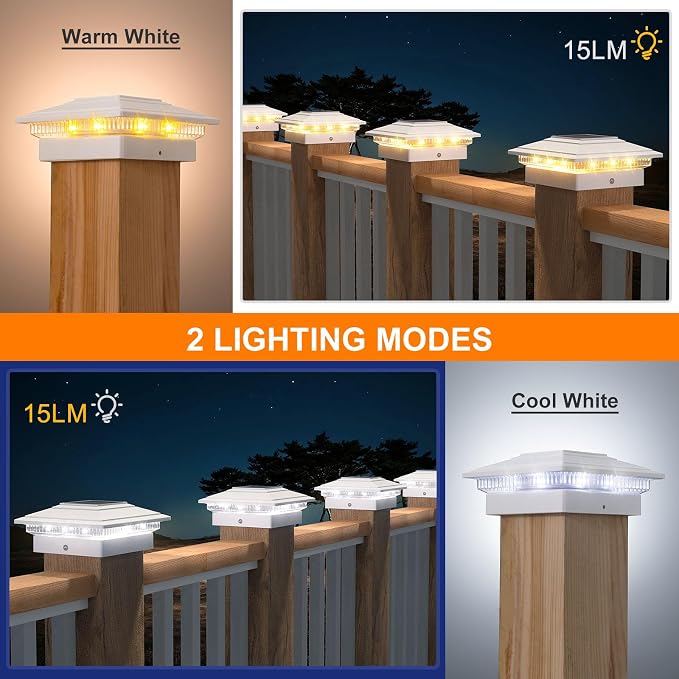 APONUO Solar Post Cap Lights 12-Pack, White IP64 Waterproof 16 LED Fence Post Solar Lights for 4x4 5x5 6x6 Wood/Vinyl Posts, 2-Mode Deck Post Lights Solar Powered, 10-Hr Lighting for Patio Yard Porch