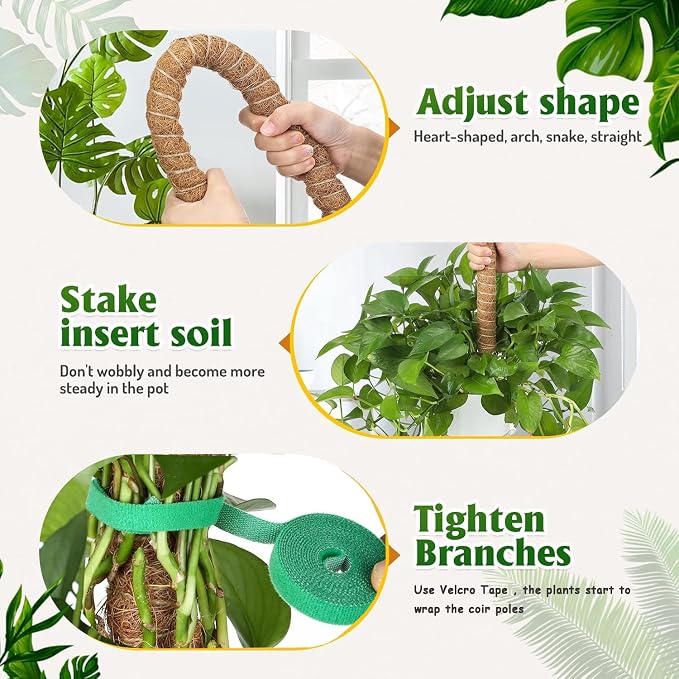 2 Pack 63" Bendable Moss Pole for Plants Monstera, Moss Poles for Climbing Plants Indoor, Coir Plant Pole Sticks Support Stakes for Potted Plant, Pothos, Philodendron Plants