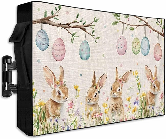 Easter Outdoor TV Cover for Outside Flat Screen,Farm Rabbit Egg 600D Thick Waterproof Weatherproof Outdoor TV Screen Protector with Zipper for 60 to 65 Inch Flat Screens Spring Flower Tree on Linen