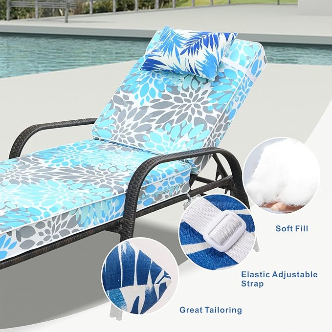 JMGBird Waterproof Chaise Lounge Pillows Set of 4-10x16 Inch White Blue Palm Leaf Outdoor Headrest Cushions with Adjustable Straps for Pool Patio Beach Chair
