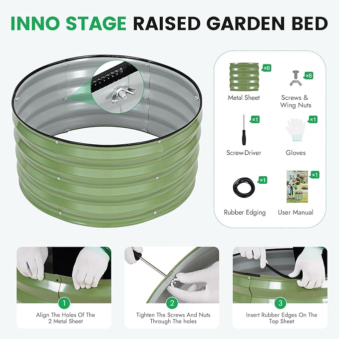 INNO STAGE 3 Pcs Round Galvanized Raised Garden Bed — 2×2×1ft Planter Box Outdoor Raised Beds Kit for Gardening Vegetables, Fruits, Herbs, and Flowers, Olive Green