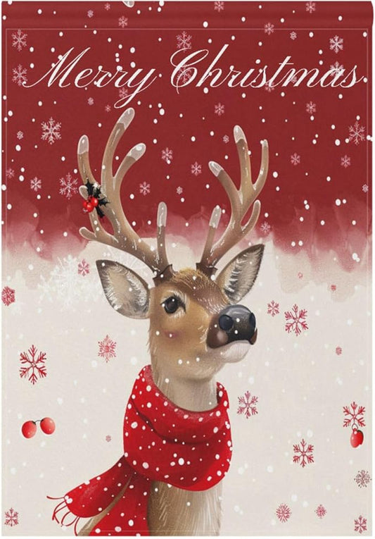 Merry Christmas Reindeer House Flag 28x40 Inch Double Sided Outside Winter Snowflake Poinsettia Xmas Seasonal Yard Outdoor Flag Banner for Garden Lawn Patio Holiday Decorations